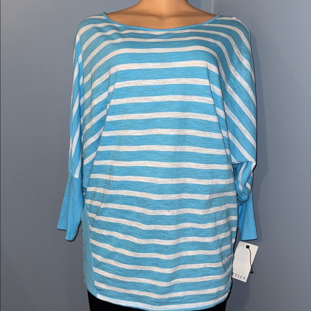 NWT Stylus Aqua White Striped Batwing Dolman Sleeve Top Boat Neck - Size Medium